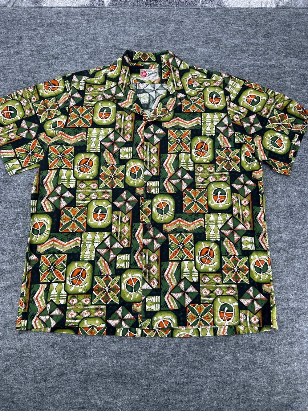 Hilo Hattie Men’s Vintage Olive Green & Black Geometric Hawaiian  Shirt SZ XL